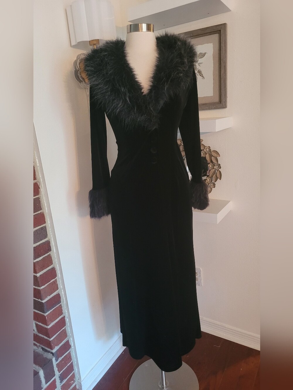Black Velvet Maxi Dress Coat with Faux Fur Trim Medium Made In USA By White Sand